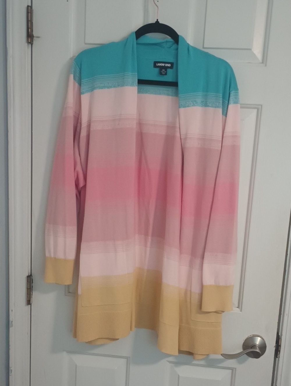 Lands' End Pastel Ombre Open-Front Cardigan in Turquoise, Pink, Yellow